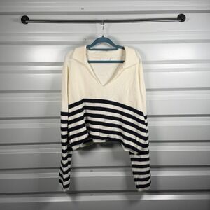 ALTAR‎ STATE Women's Cream Navy Striped Collared V Neck Long Sleeve Sweater XL